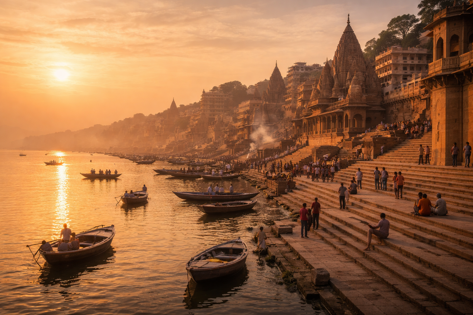بنارس کے قدیم گھاٹ گنگا کے کنارے صبح کے وقت، کنارے پر کشتیاں، سنہری روشنی، مندروں کے سائے اور مقدس شہر کی پر اسرار فضا۔