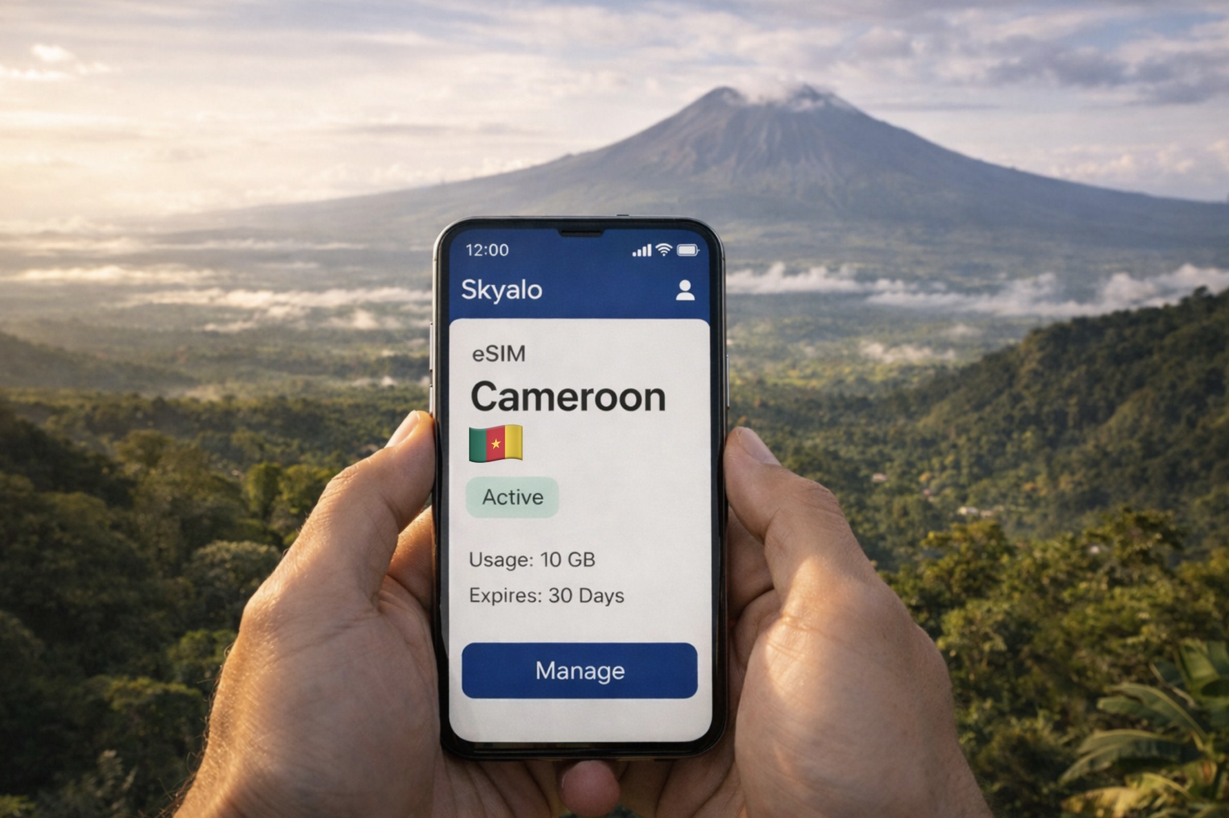 A smartphone with an active Skyalo eSIM for Cameroon against a tropical landscape with Mount Cameroon, dense green forest, and a soft morning mist