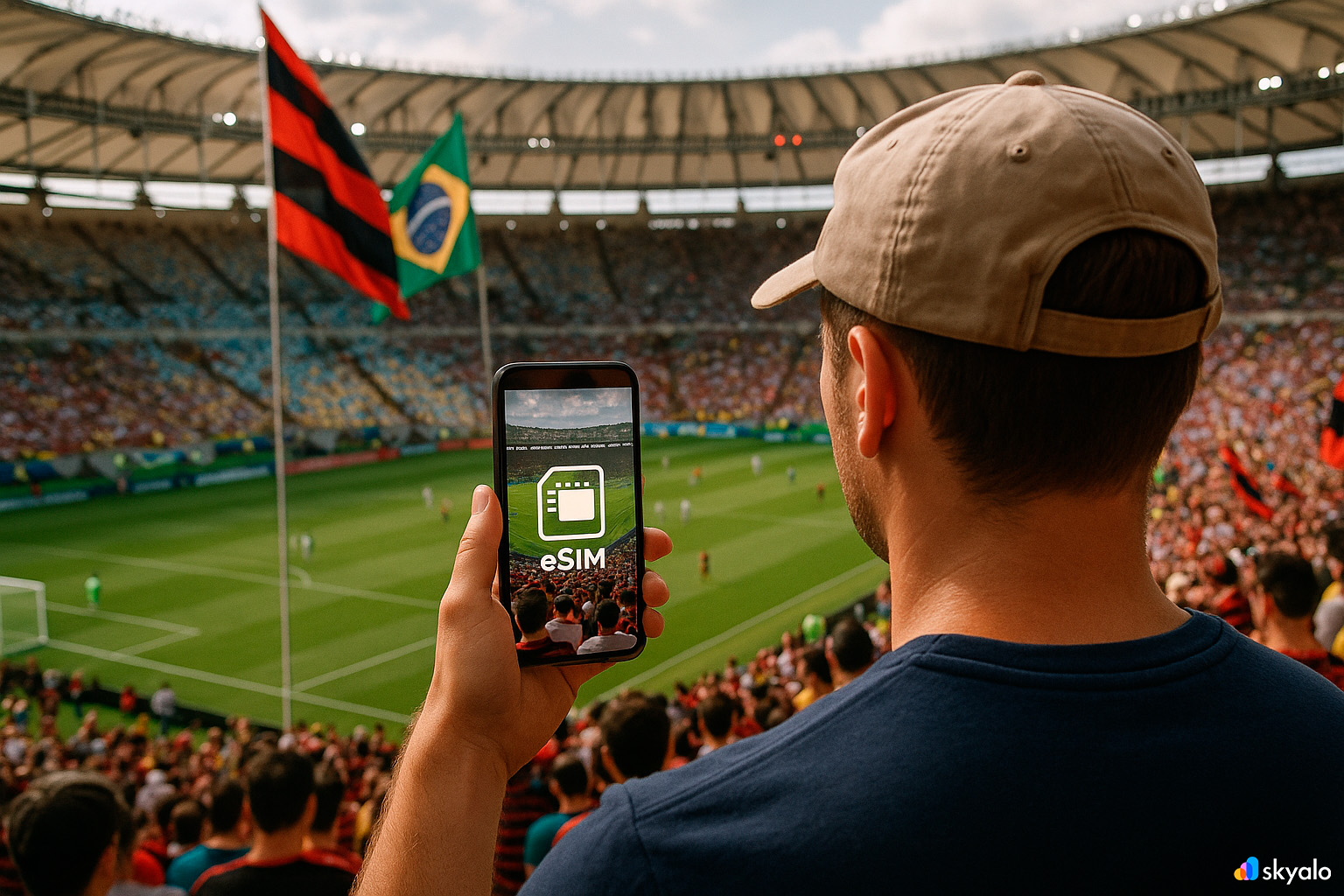 Tourist live-streaming a match at Maracanã with Skyalo eSIM internet