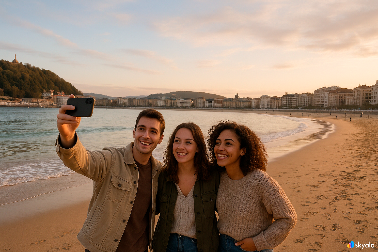 Group of friends taking a selfie at La Concha Beach in San Sebastián, evening Atlantic light