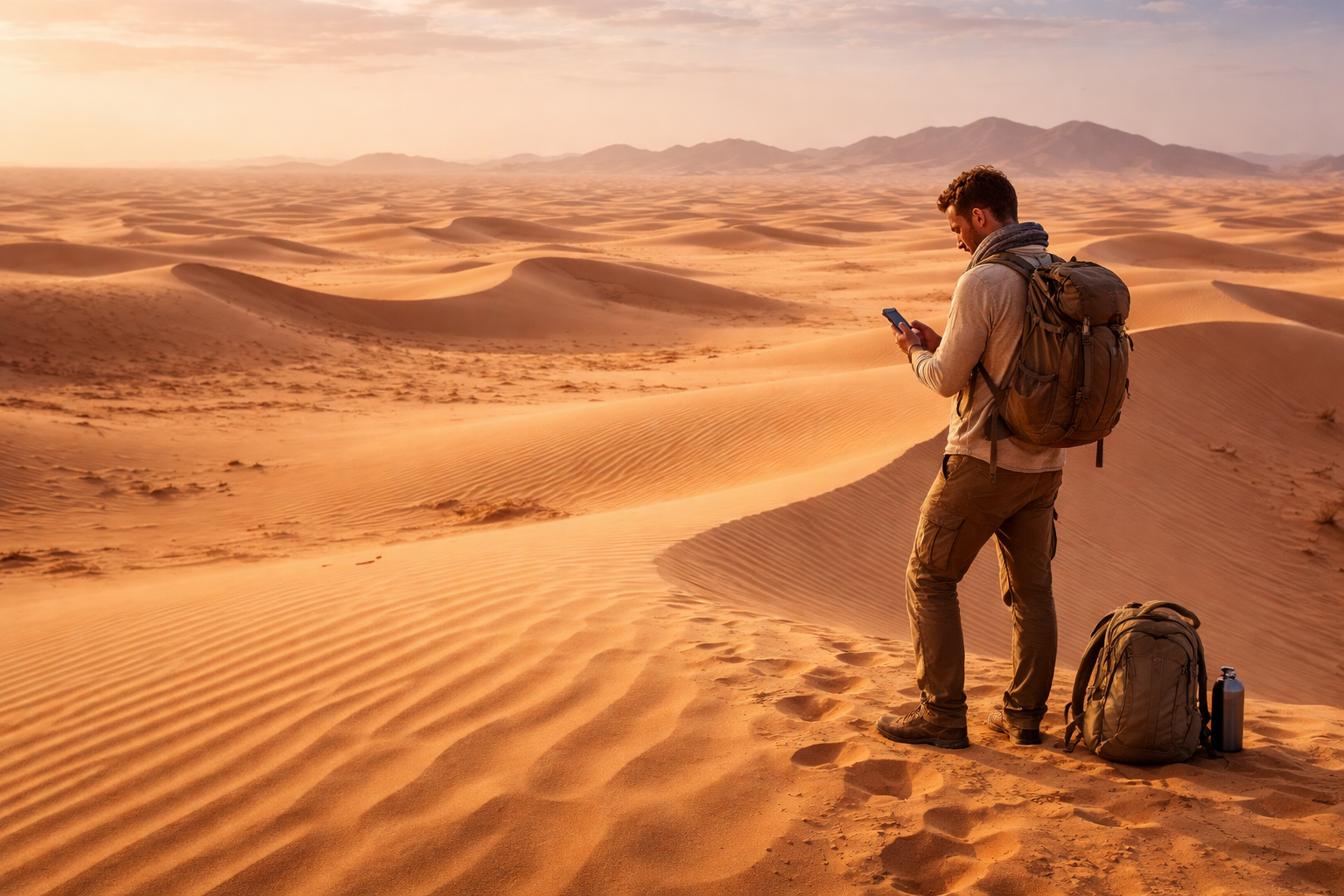 מדבר טנרה בניז'ר עם מרחב חול אינסופי, דיונות ומטייל המשתמש ב-eSIM על הסמארטפון במהלך מסלול מדברי.