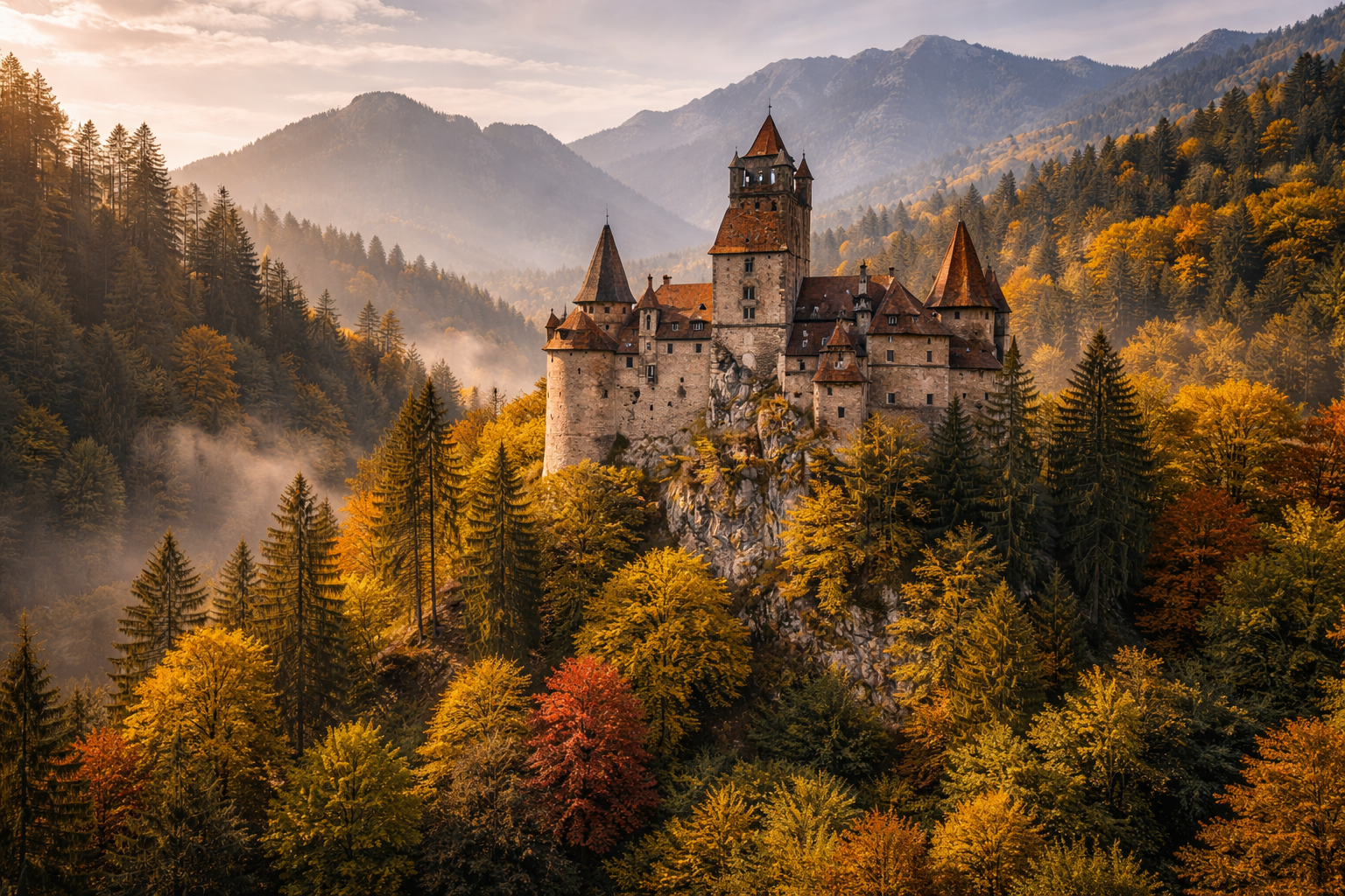 Bran Castle on a hill among the forests of the Carpathians.