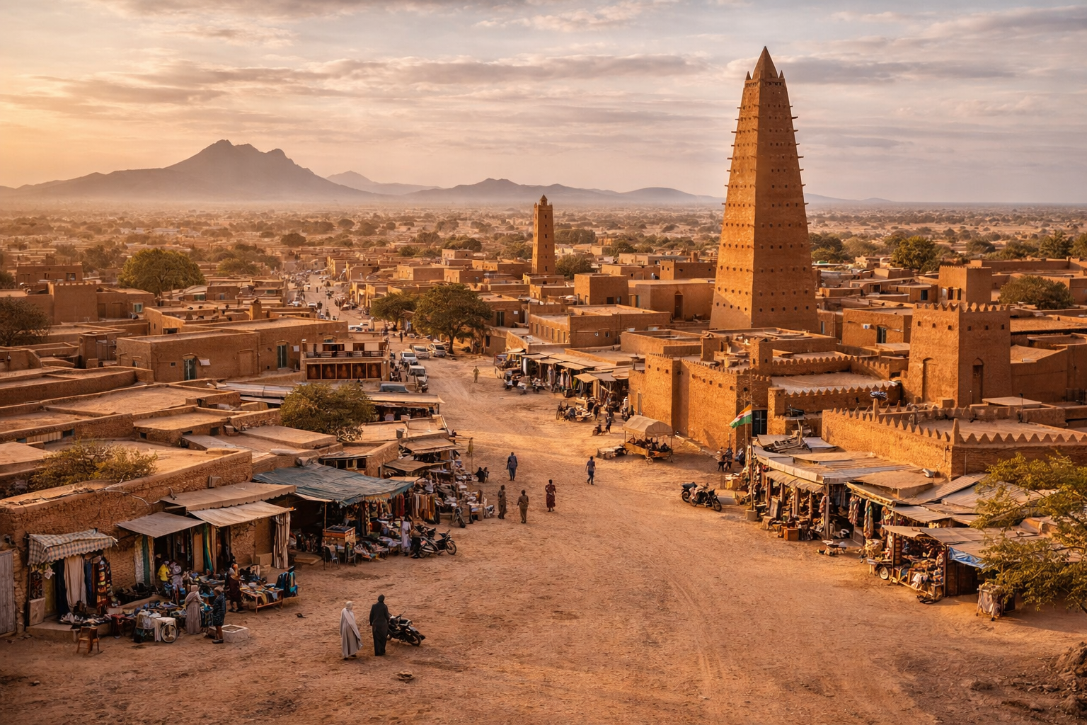 אגאדס בניז'ר עם אדריכלות מבוץ, אור מדברי ואווירה של שער היסטורי לסהרה.
