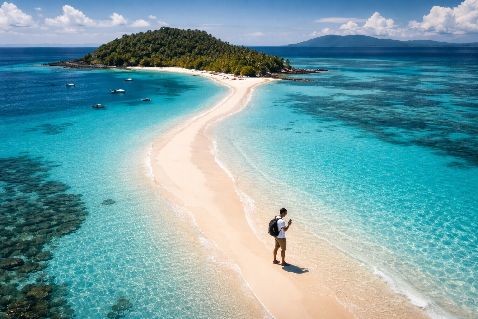 Nosy Iranja sandbar and a traveler with an active eSIM