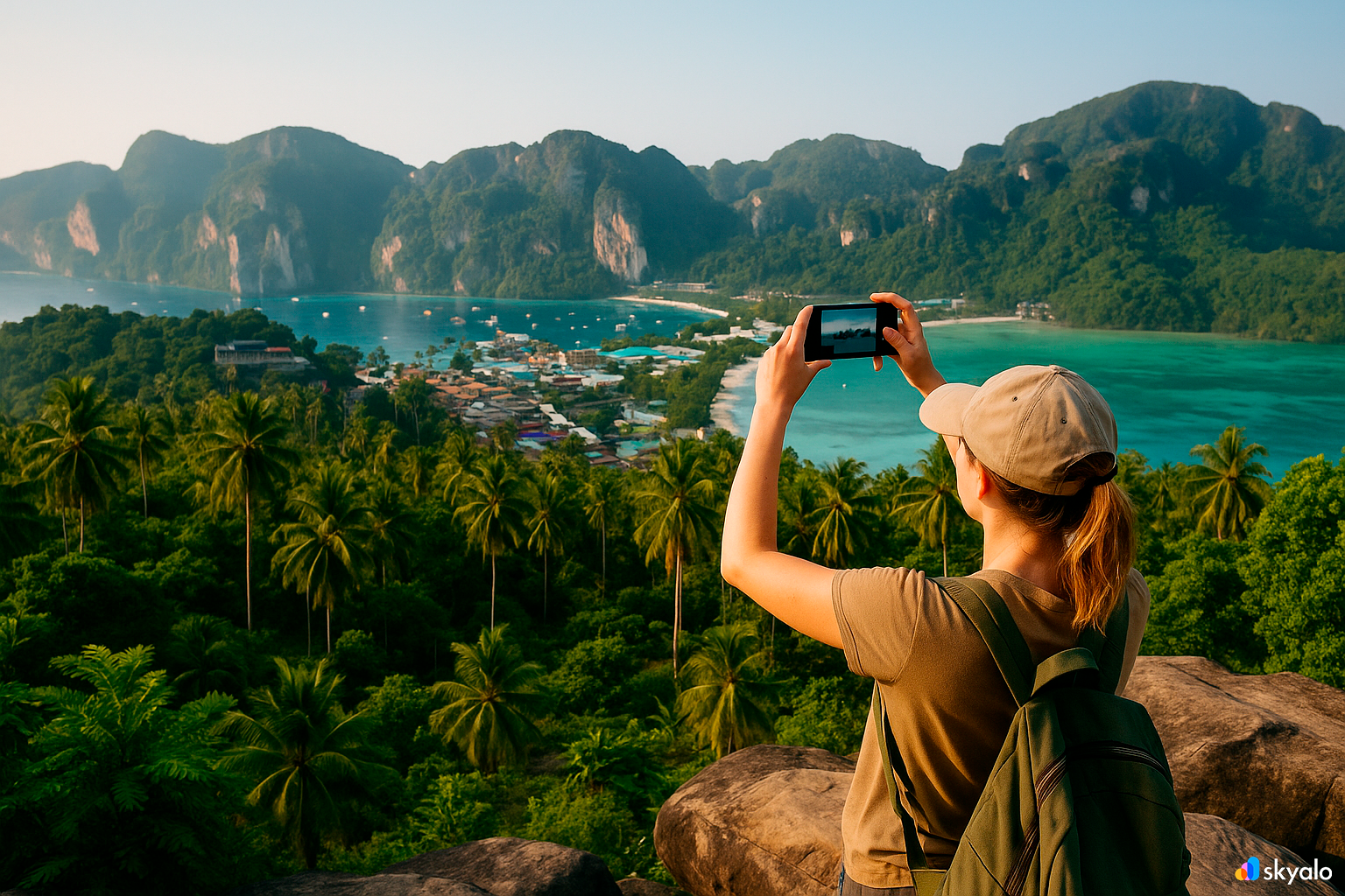 Panorama of Phi Phi — turquoise waters and sandy ribbons