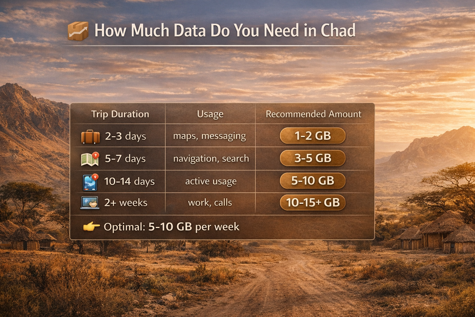 אינפוגרפיקה עם המלצות לנפח אינטרנט סלולרי בצ'אד על רקע נוף אפריקאי עם כפרים והרים, טבלה עם תקופות הטיול ושימוש בנתונים