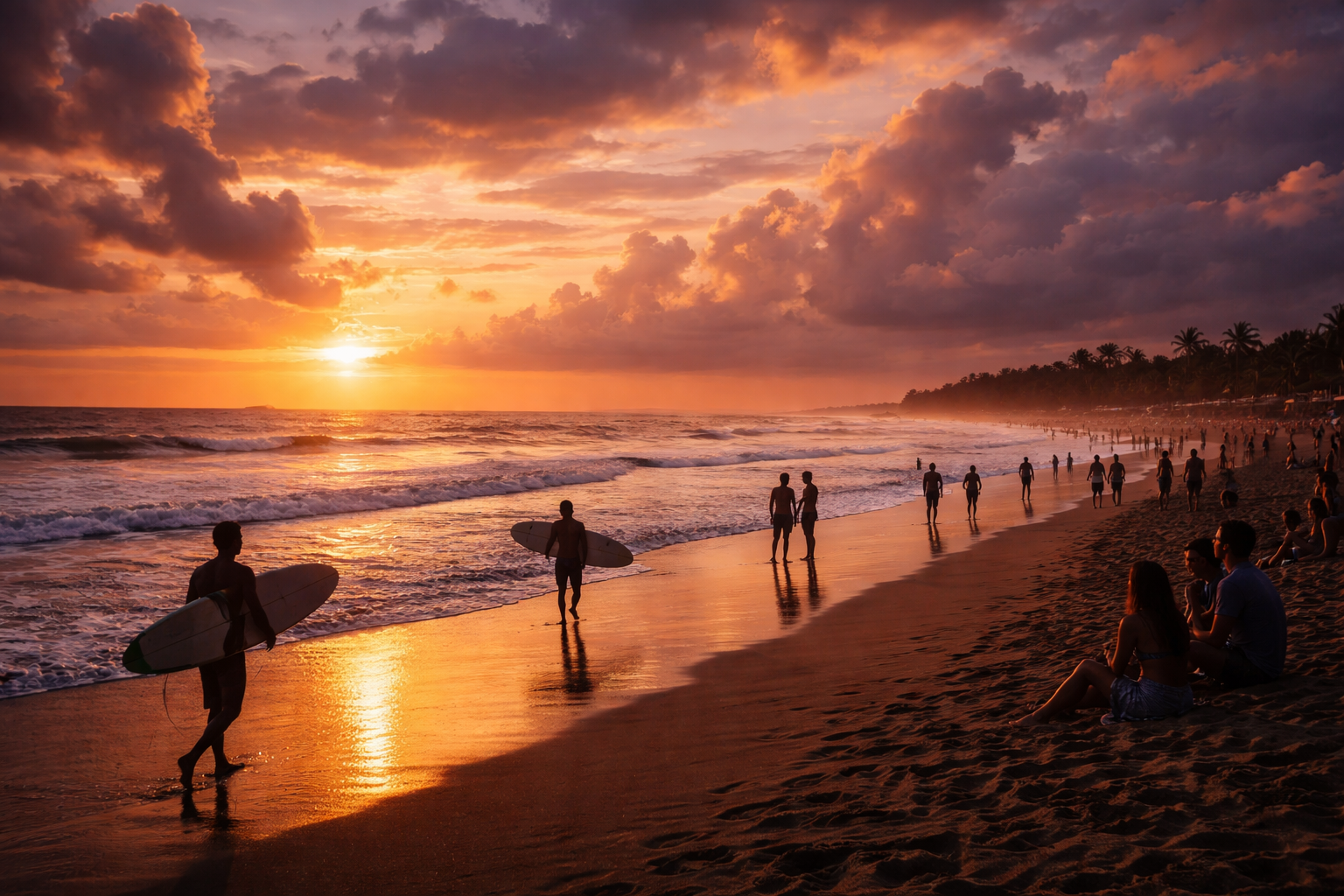 Sunset at Seminyak Beach with silhouettes of surfers