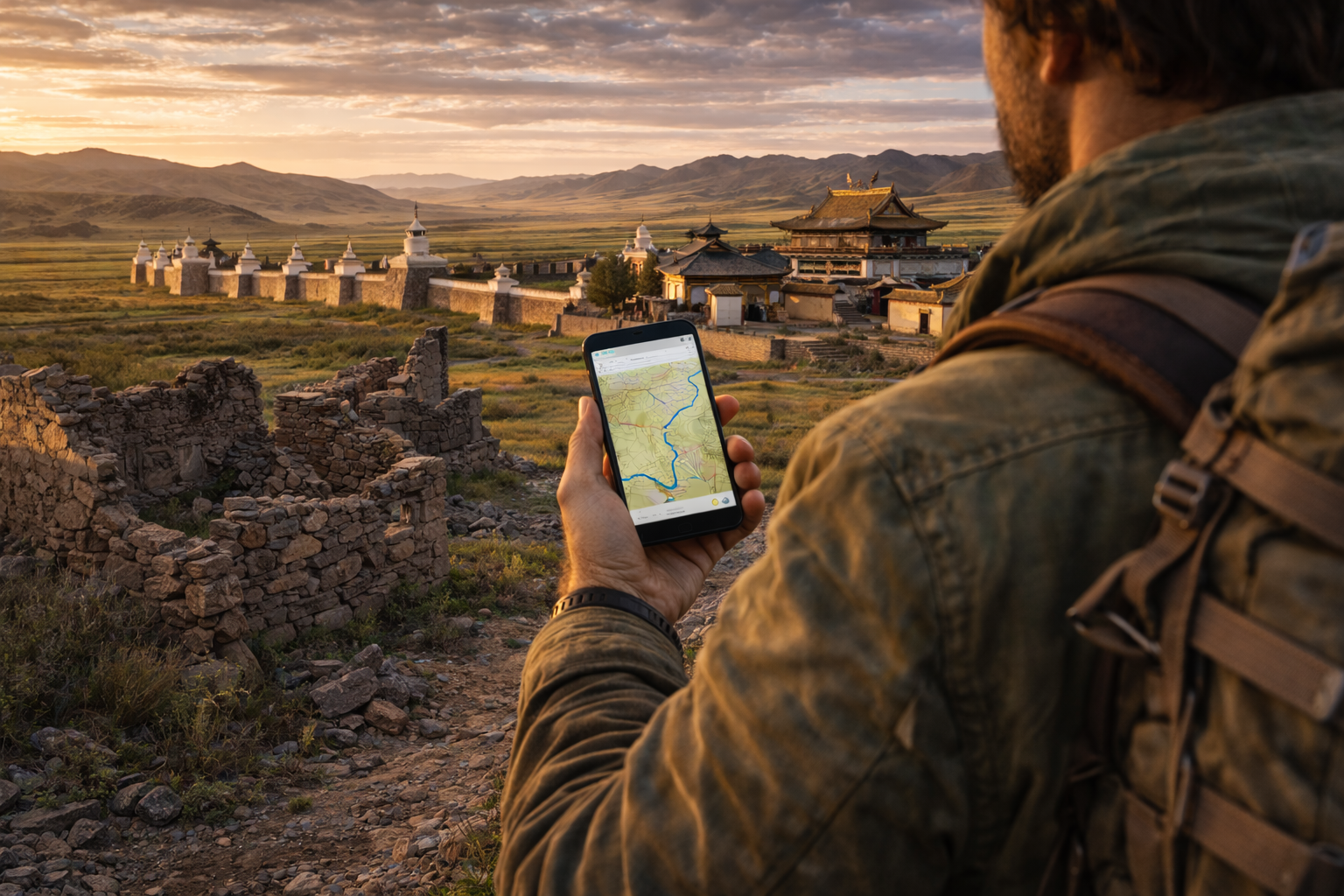 Kharkhorin con ruinas históricas y un viajero con smartphone