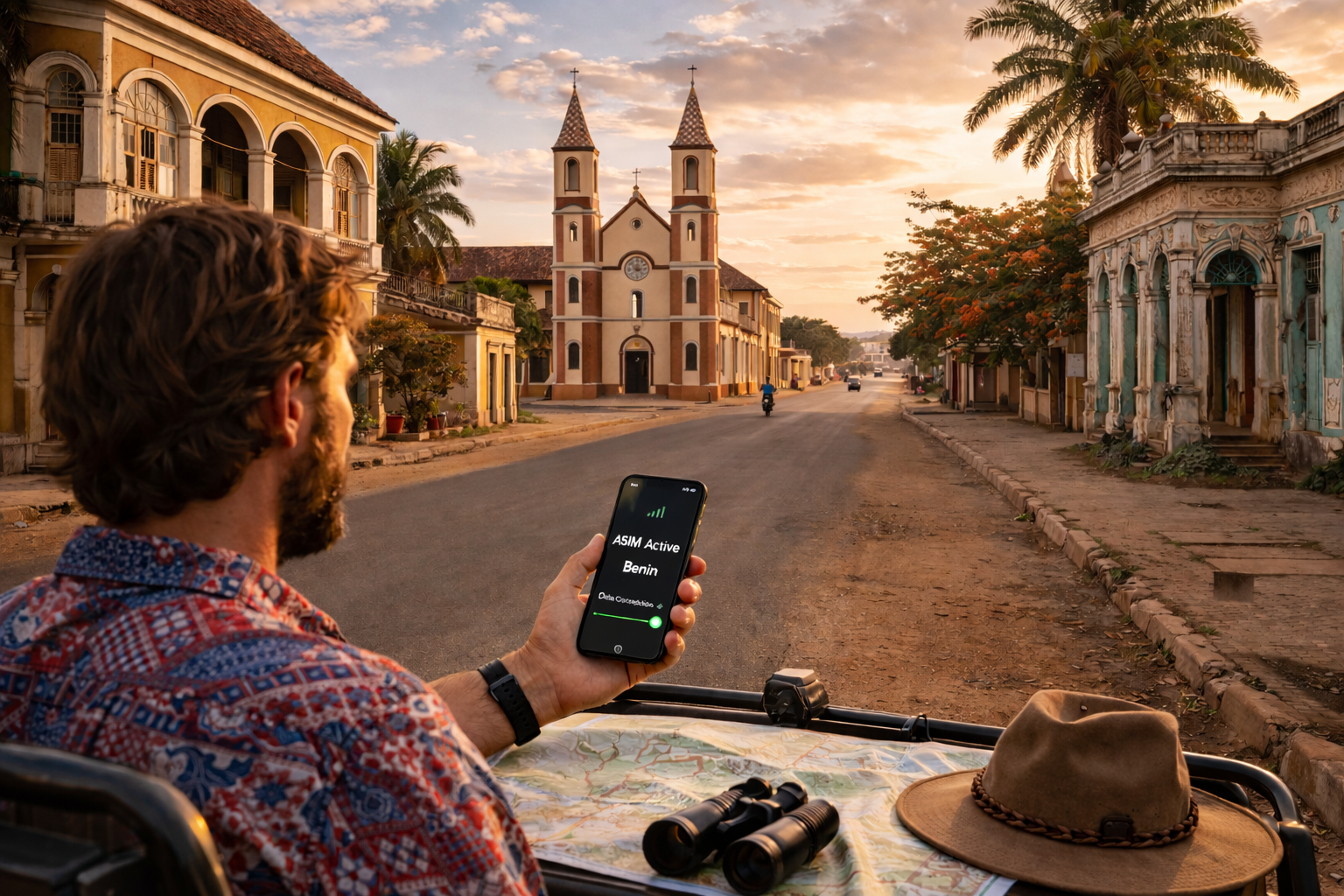 פורטו-נובו בבנין עם ארכיטקטורה קולוניאלית, רחובות שקטים, עצים טרופיים ומטייל עם סמארטפון עם eSIM פעילה במהלך טיול בעיר