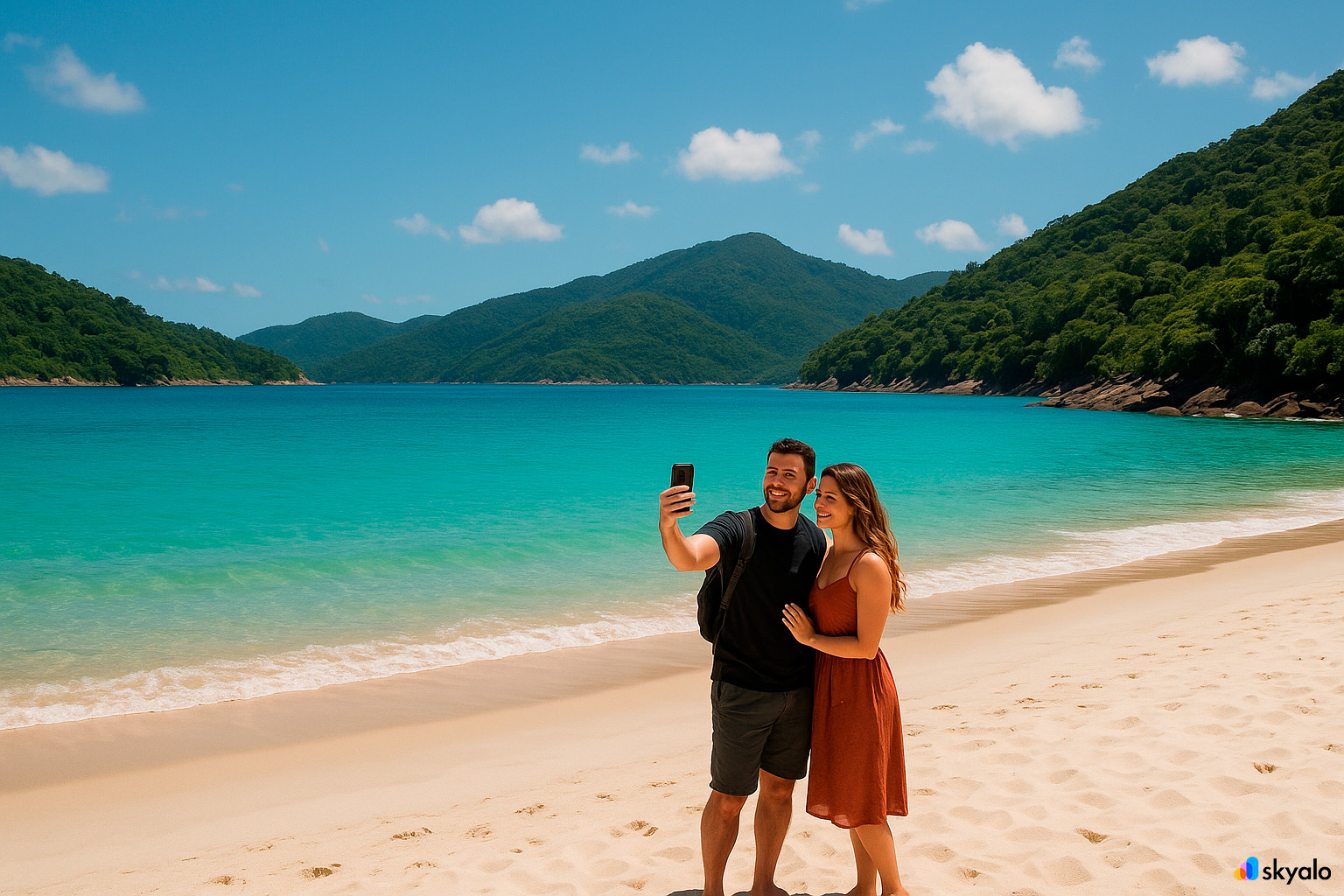 Couple taking a selfie on Ilha Grande beach, white sand and green hills behind