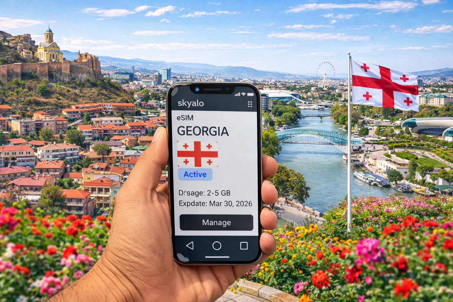 eSIM activa en Georgia en el smartphone de un viajero con Tiflis, el río Kura y el paisaje urbano de fondo - internet móvil para viajar sin roaming.