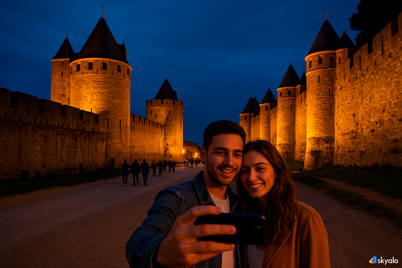 Carcassonne fortress illuminated at night with tourists nearby