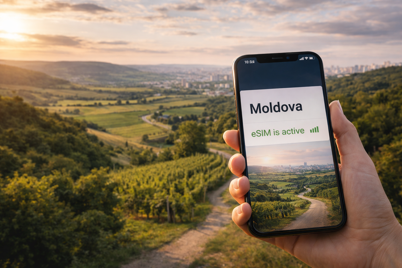 סמארטפון עם eSIM פעילה ואינטרנט סלולרי עובד על רקע כרמים, גבעות ונוף של מולדובה.
