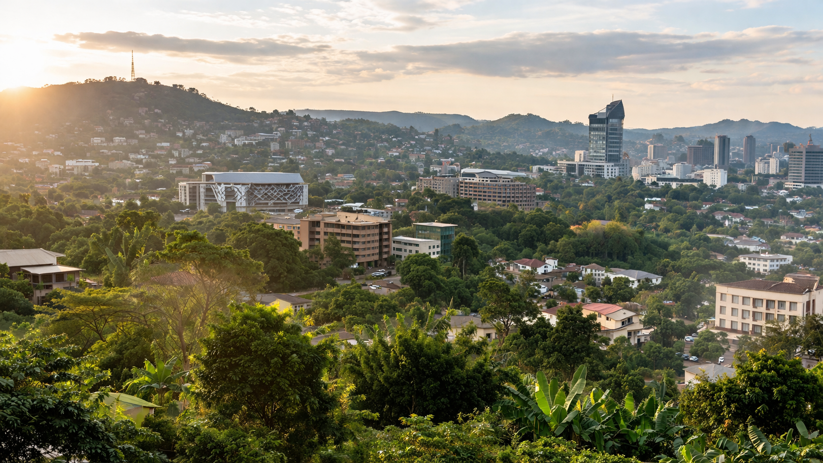 Yaoundé, the capital of Cameroon, with hills, greenery, and urban development