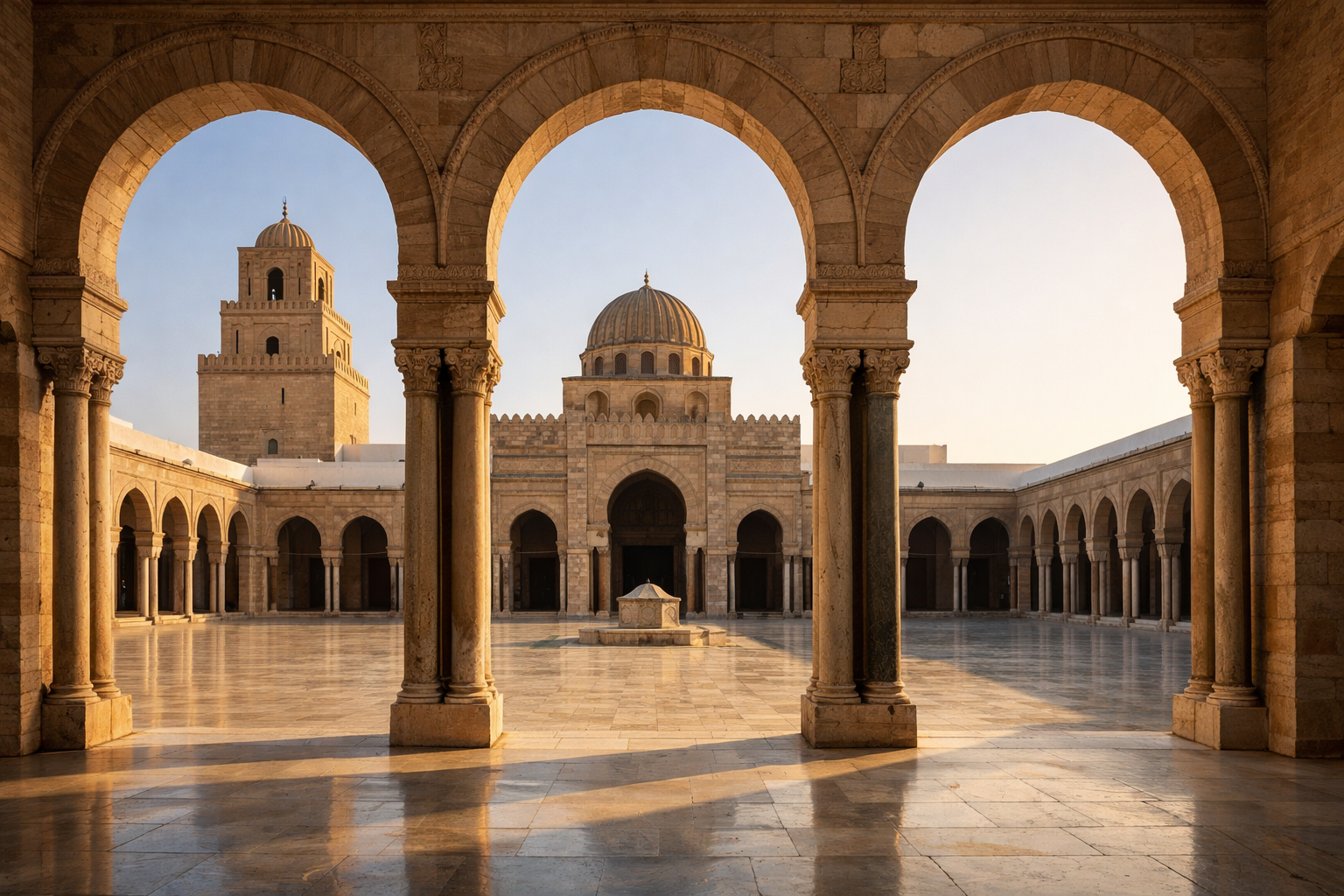Indre gårdsplass i en moské i Kairouan med buer og sollys
