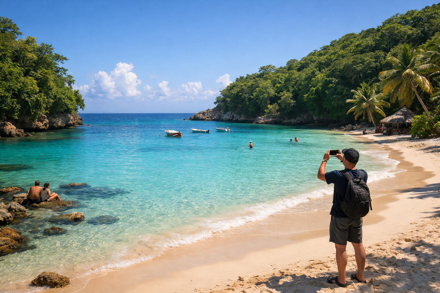 Secluded Winnifred Beach, a few people in the distance, one taking a photo on a phone