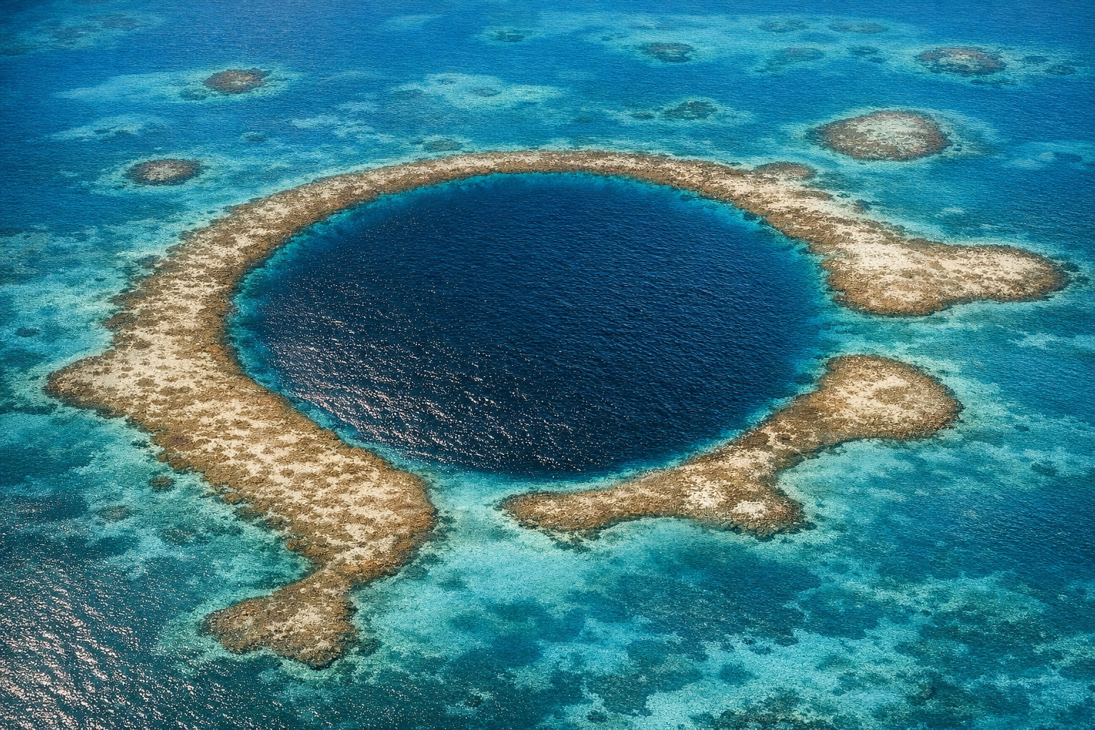 Блакитна діра в Белізі з висоти, темно-синє коло в океані серед рифів
