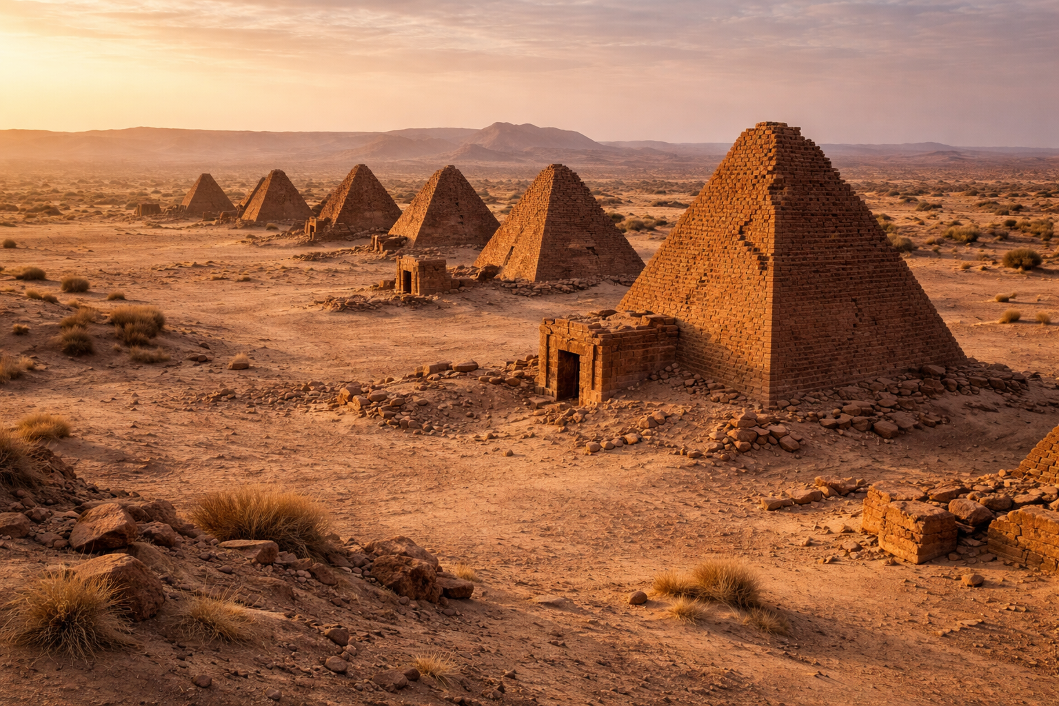 הפירמידות של נורי בסודן בנוף מדברי יבש עם קברים עתיקים ואור ערב חמים.