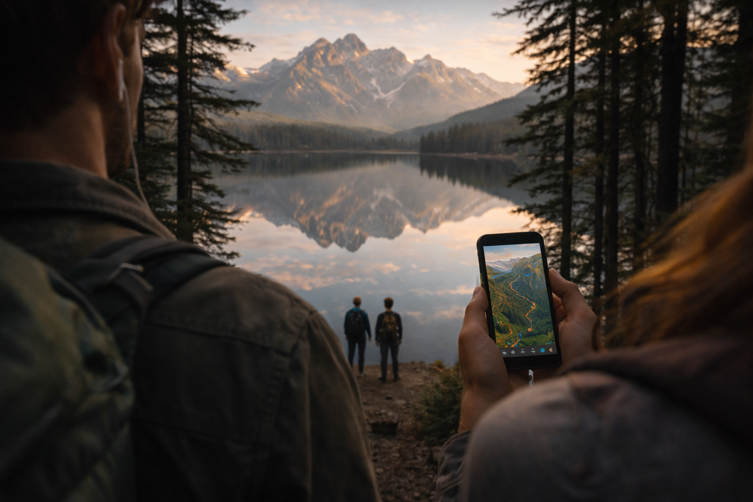 A symmetrical shot of a lake with mirror-like reflections of mountains, framed by pine forest; two tourists stand by the water as small figures; over-the-shoulder, a smartphone with an open satellite route map is visible.