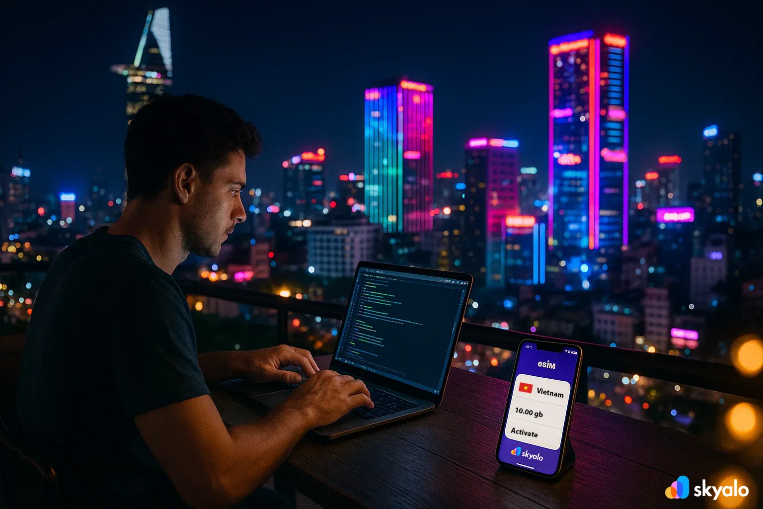 Ho Chi Minh City skyline at night, digital nomad with Skyalo eSIM working on a laptop and chatting online