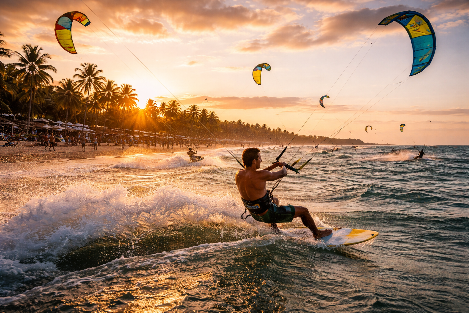 Kitesurfistes a Cabarete amb la posta de sol i les ones de l’oceà