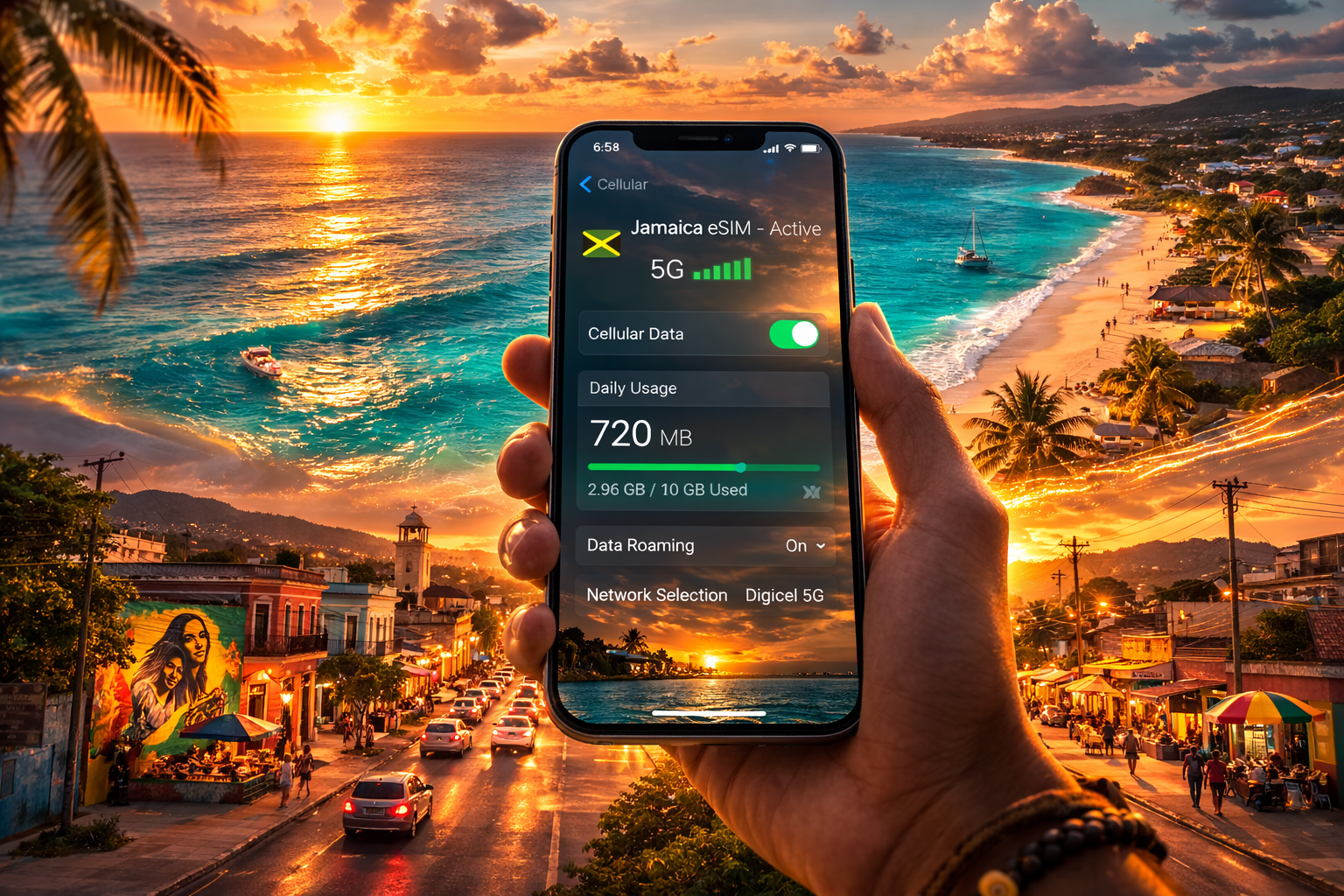 A smartphone with an active Jamaica eSIM and 5G signal against a double-exposure background of the coastline and Kingston streets