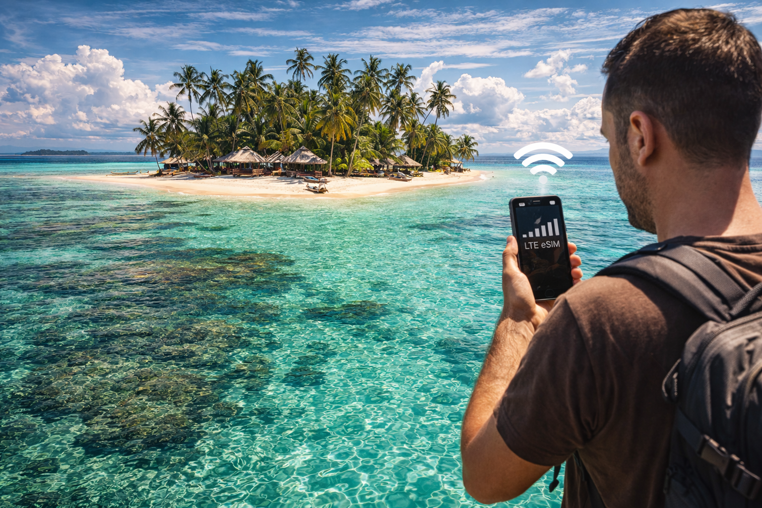 The tropical San Blas islands in Panama and a traveler with a smartphone using an eSIM