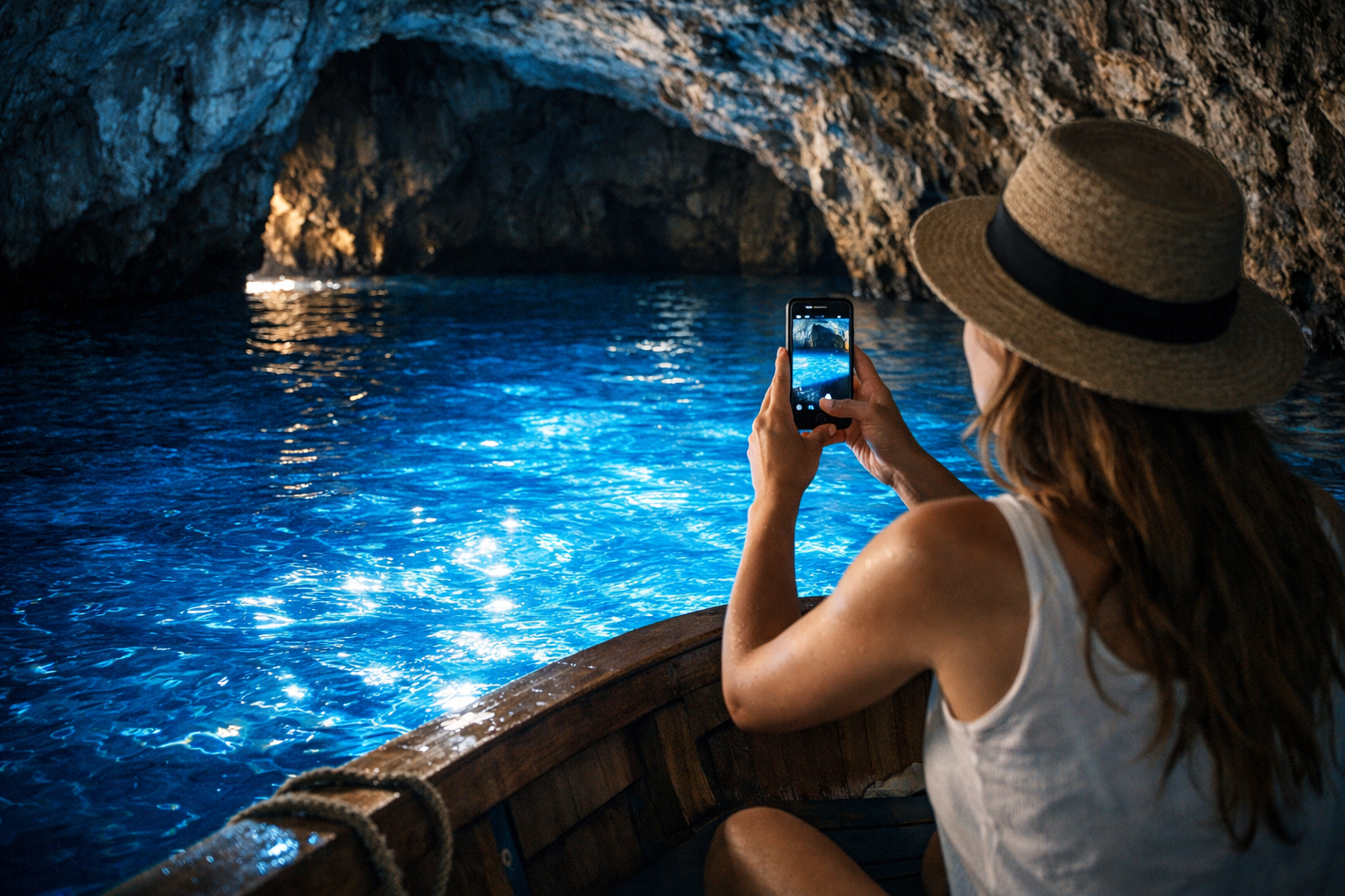 Blue Cave and a tourist with a smartphone