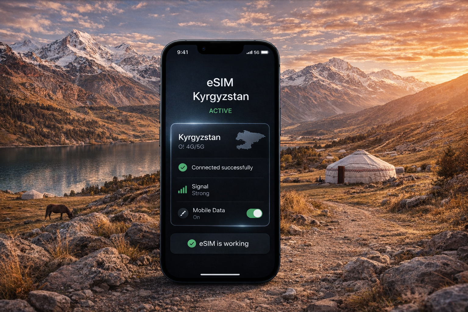 סמארטפון עם eSIM פעיל לקירגיזסטן על רקע נוף הררי עם אגם ויורטה, ממשק מודרני עם חיבור מוצלח ועוצמת אות חזקה