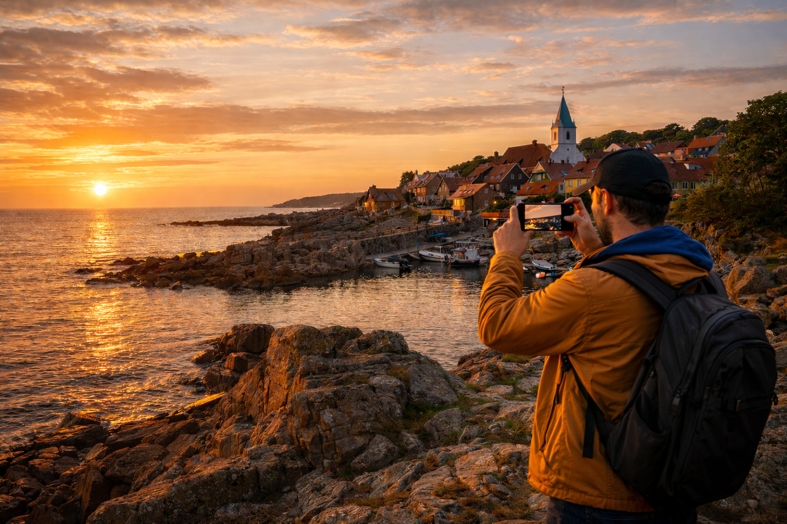 Bornholm coastline and a tourist using an eSIM