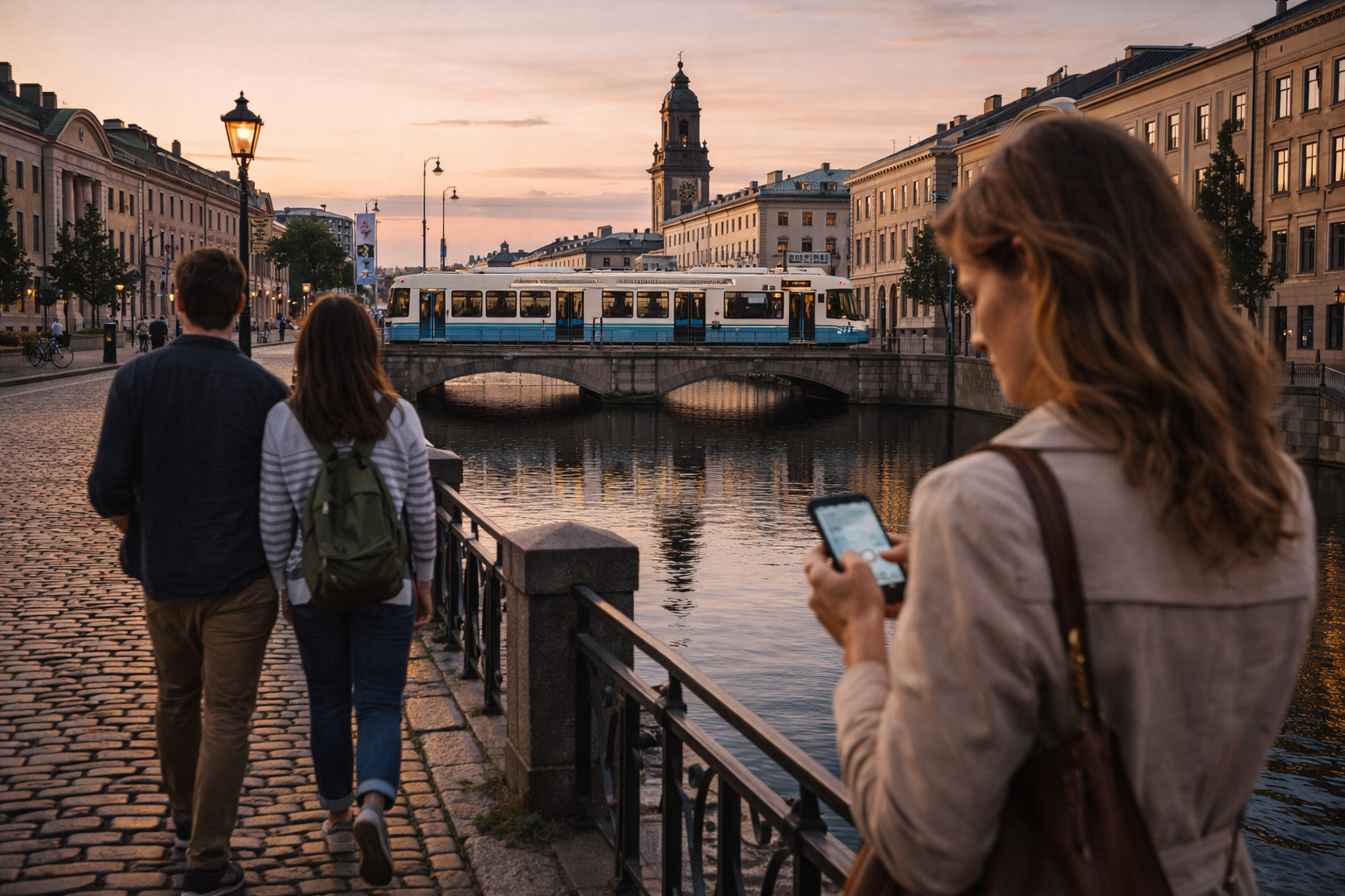 Gothenburg’s canals, and a tourist checks transport on her smartphone