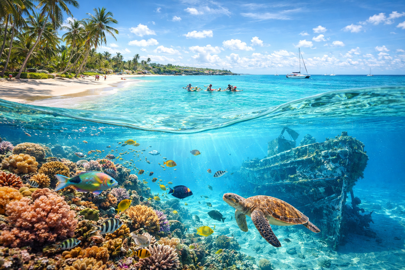 Acqua turchese e spiaggia di sabbia bianca a Carlisle Bay, Barbados, con barche per lo snorkeling