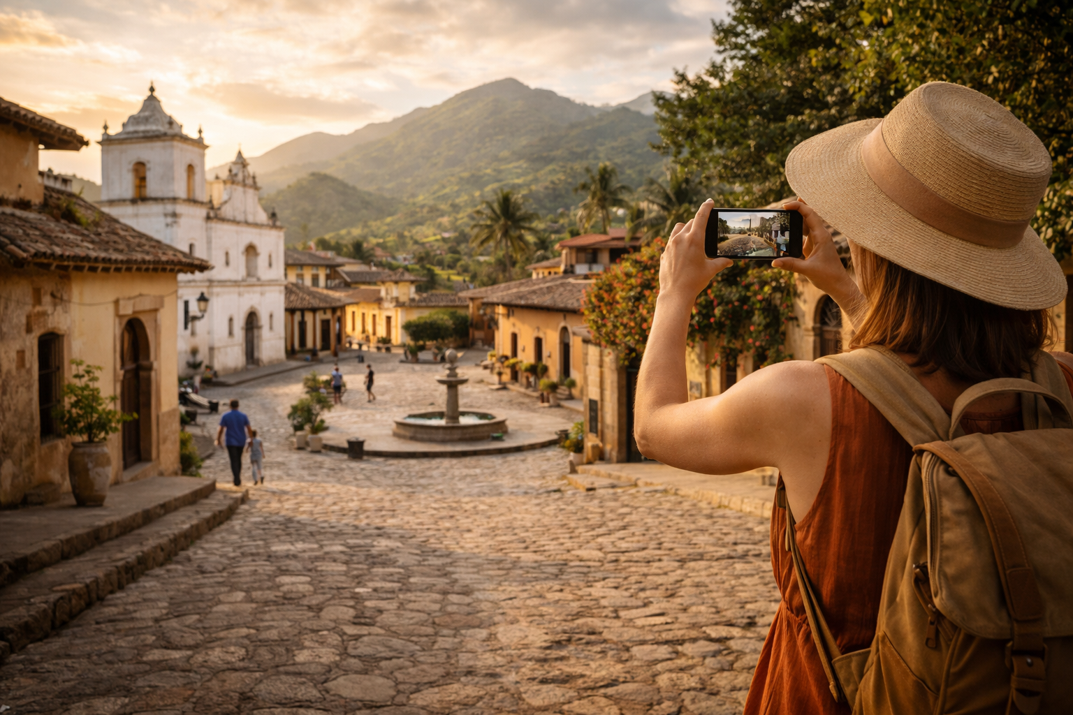 העיר האטמוספרית גראסיאס בהונדורס עם רחובות קולוניאליים, הרים ברקע ומטייל עם סמארטפון עם eSIM פעילה