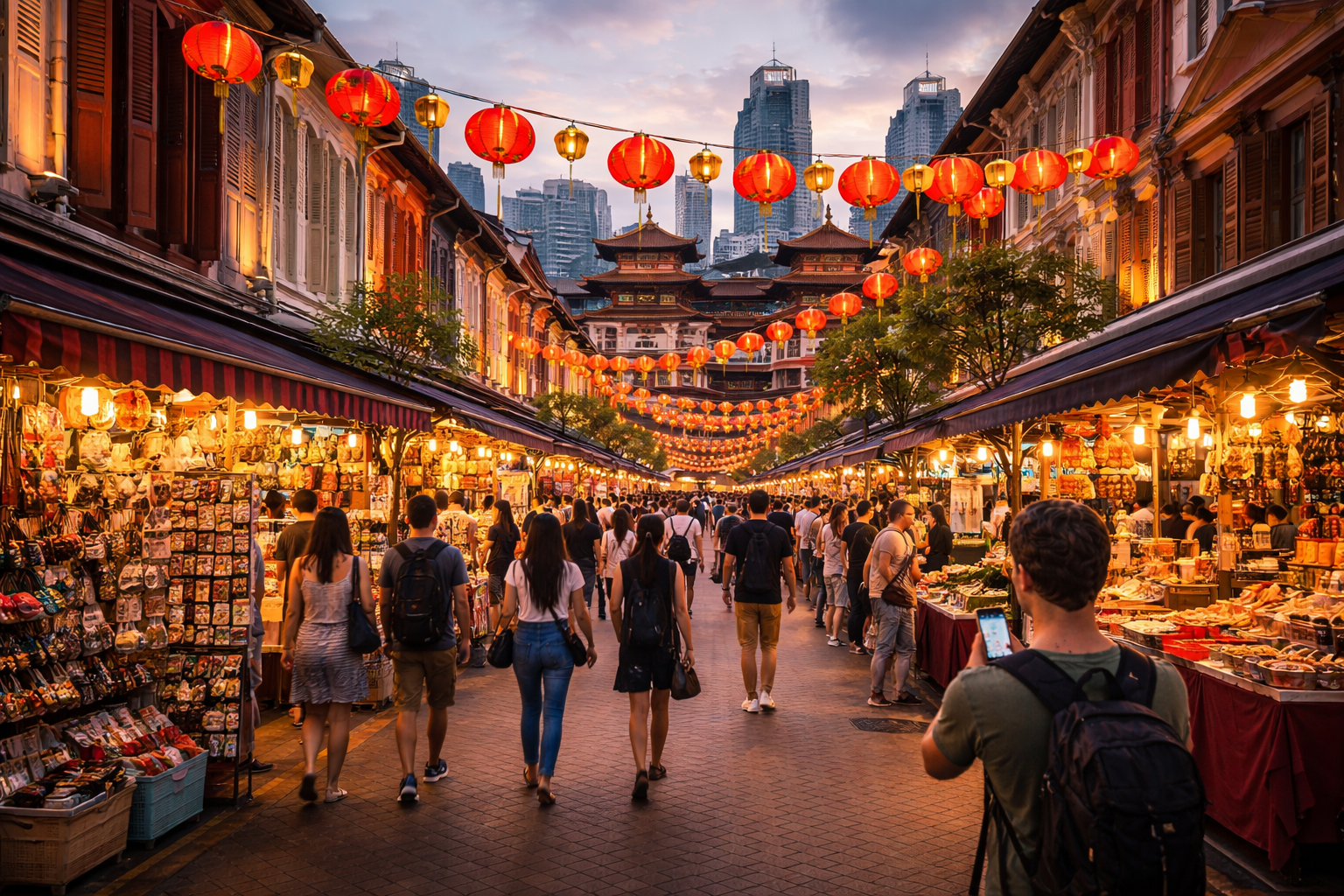 A Chinatown street with lanterns and markets.