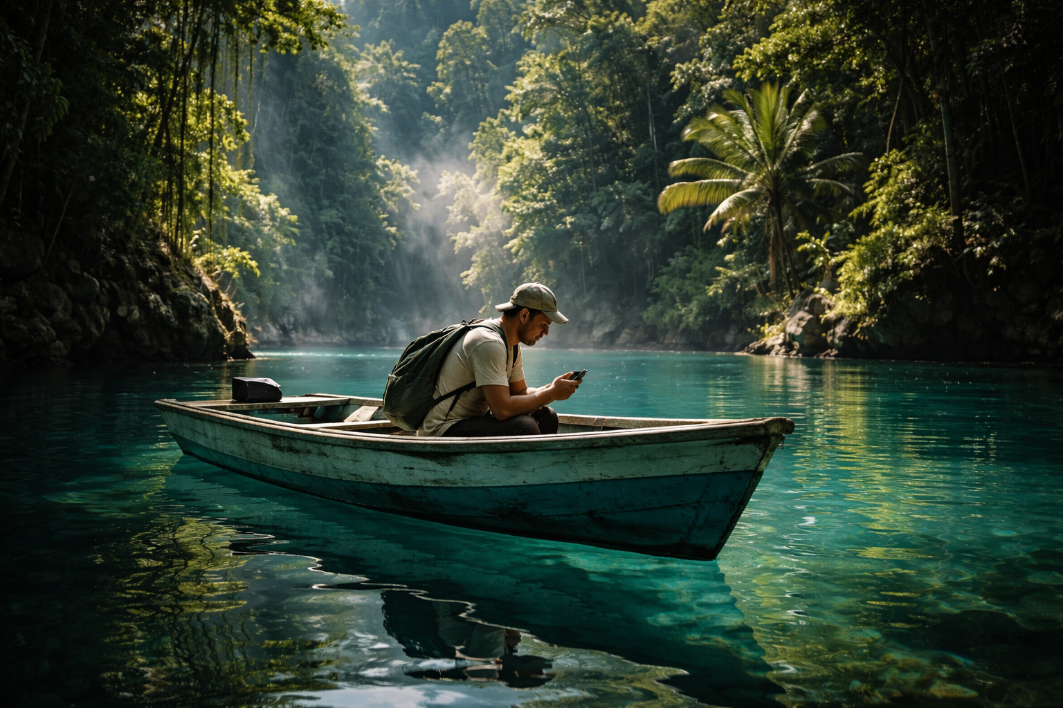 A boat on the Blue Lagoon, a traveler checking a smartphone