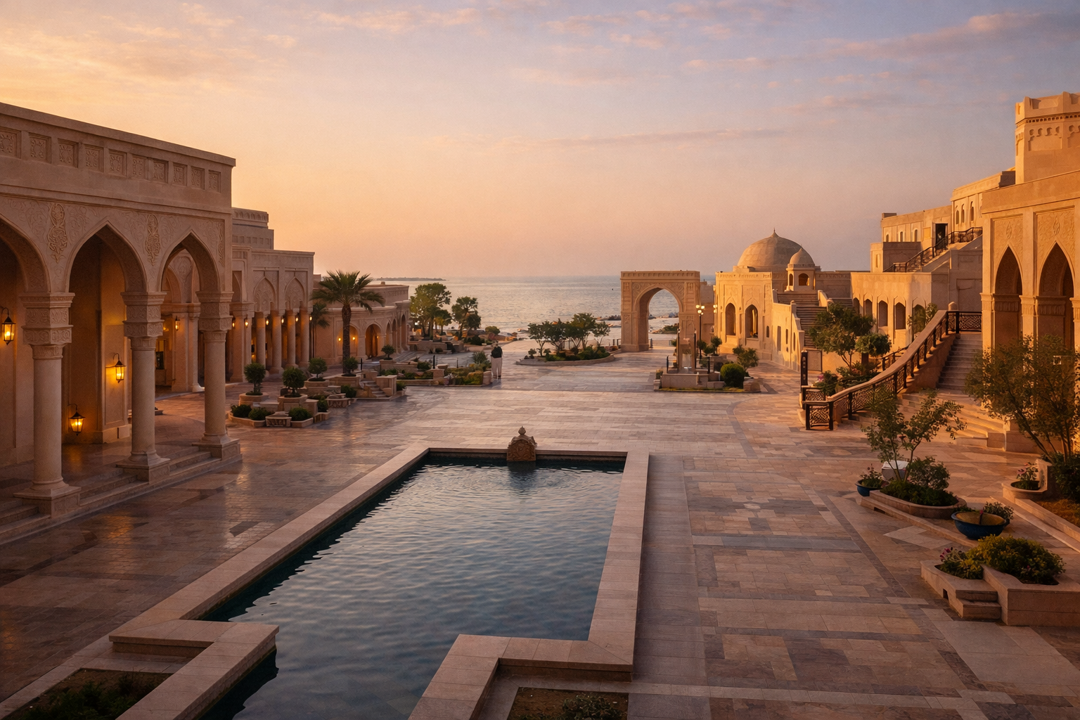 הרובע התרבותי של קטאר עם אדריכלות מסורתית, קשתות ואווירת ערב חמה