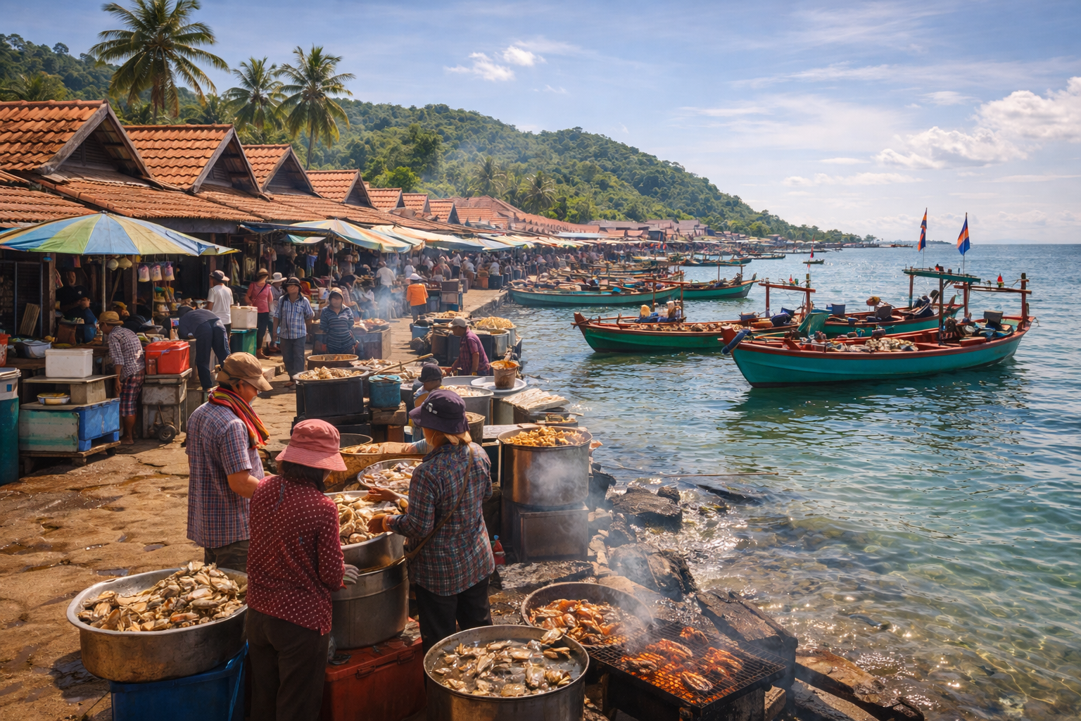 Kep crab market with coastal boats and fresh seafood on the stalls