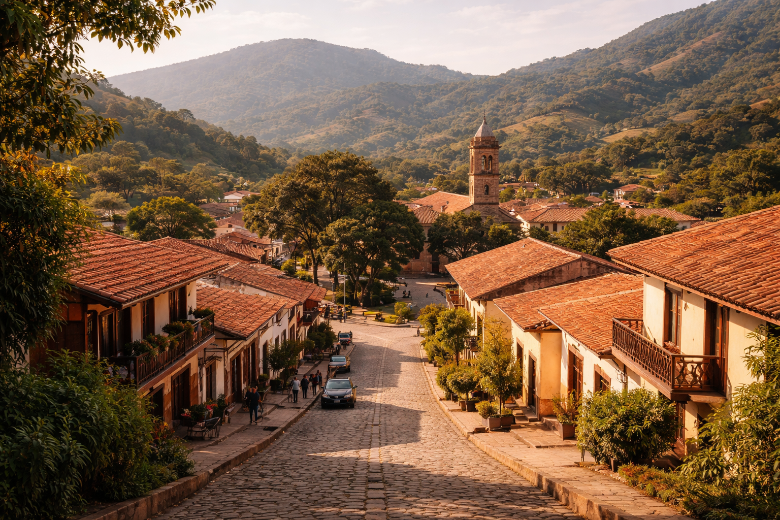 סאמייפטה בבוליביה עם גבעות ירוקות, רחובות שקטים, אור שמש רך ואווירת עיירת הרים נעימה.