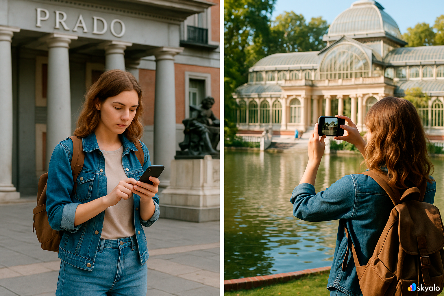 Woman with smartphone at Prado Museum and Crystal Palace in Retiro Park, planning her route and taking photos