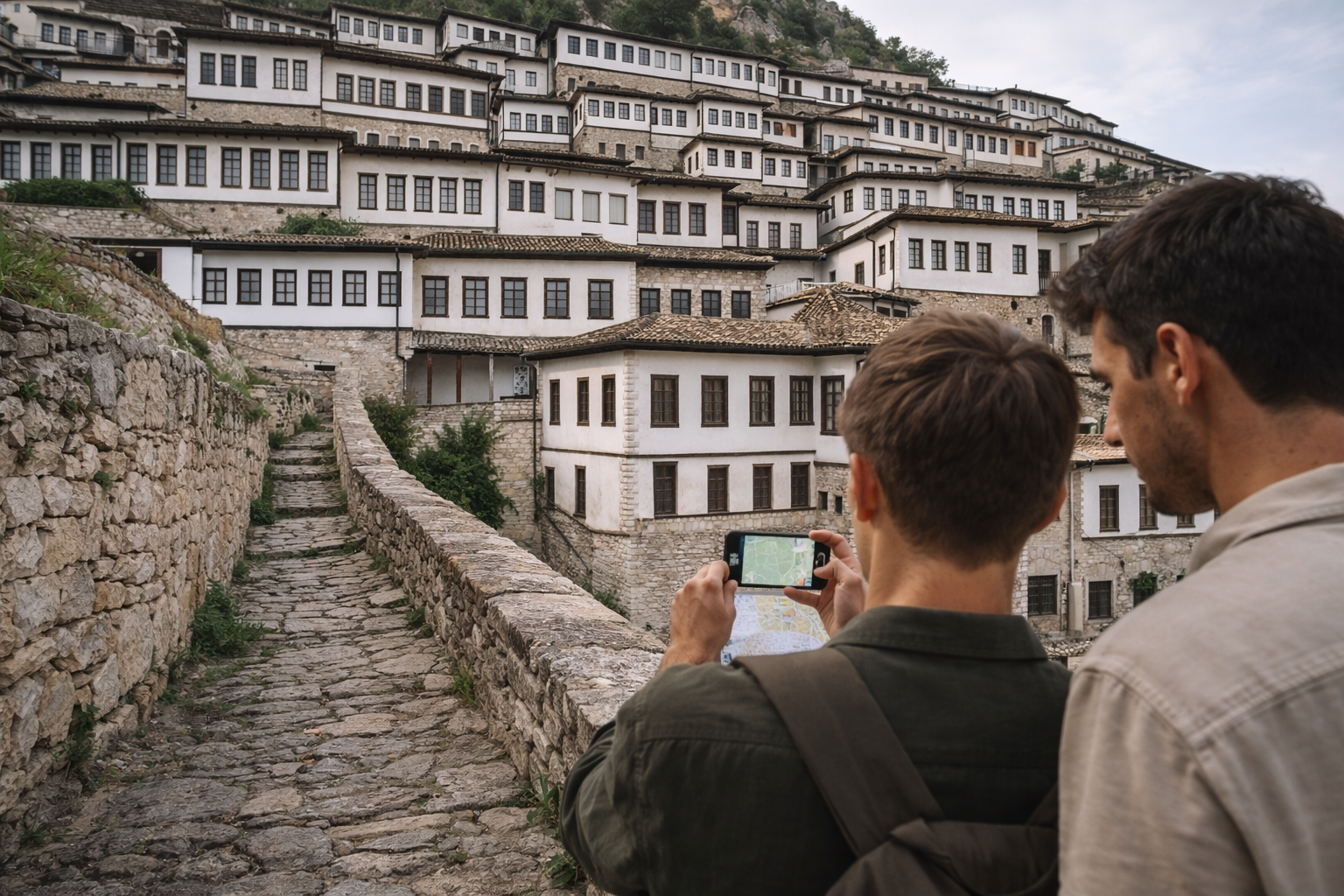 The historic town of Berat in Albania with white houses on a hill