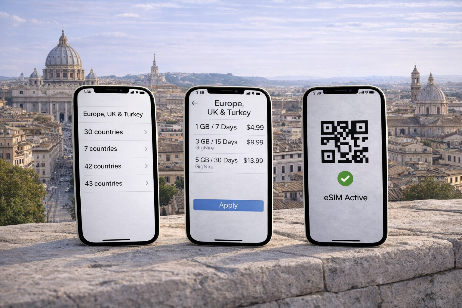 로마 파노라마를 배경으로 유럽용 eSIM을 선택하고 활성화하는 스마트폰 3대