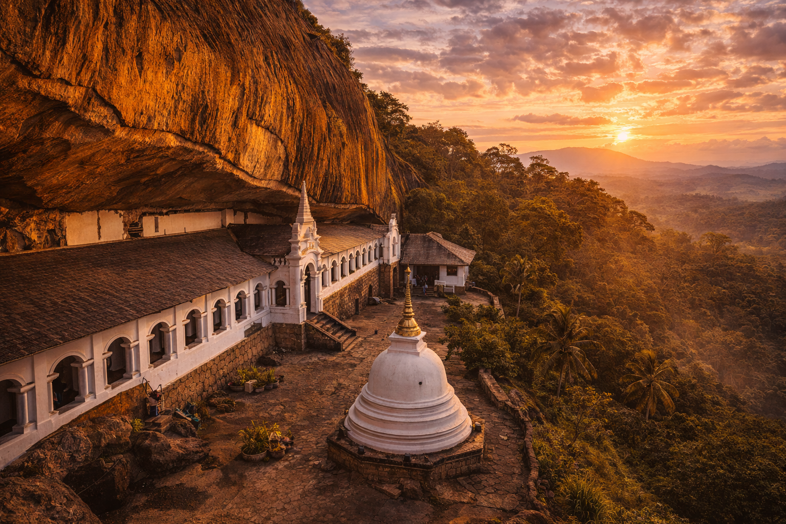 Dambulla Cave Temple on a rock amid Sri Lanka’s tropical forests.