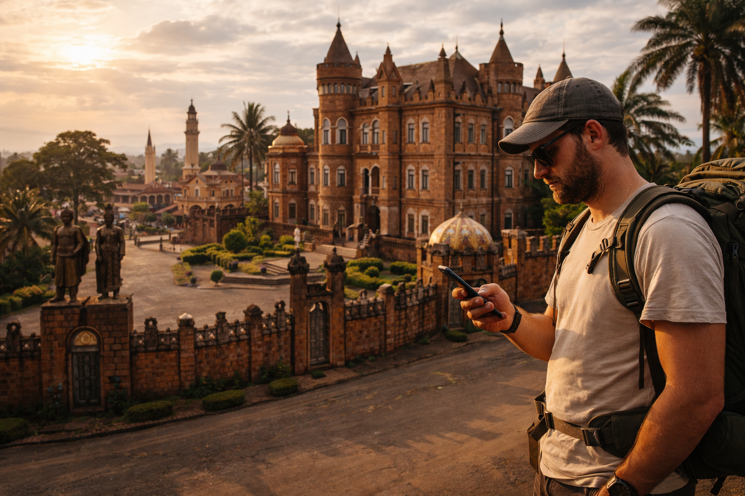 Foumban with traditional architecture and a tourist using a phone