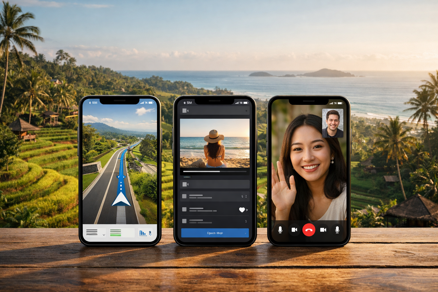 Three smartphones with active eSIMs against a tropical Bali landscape; screens show maps, a video upload, and a video call