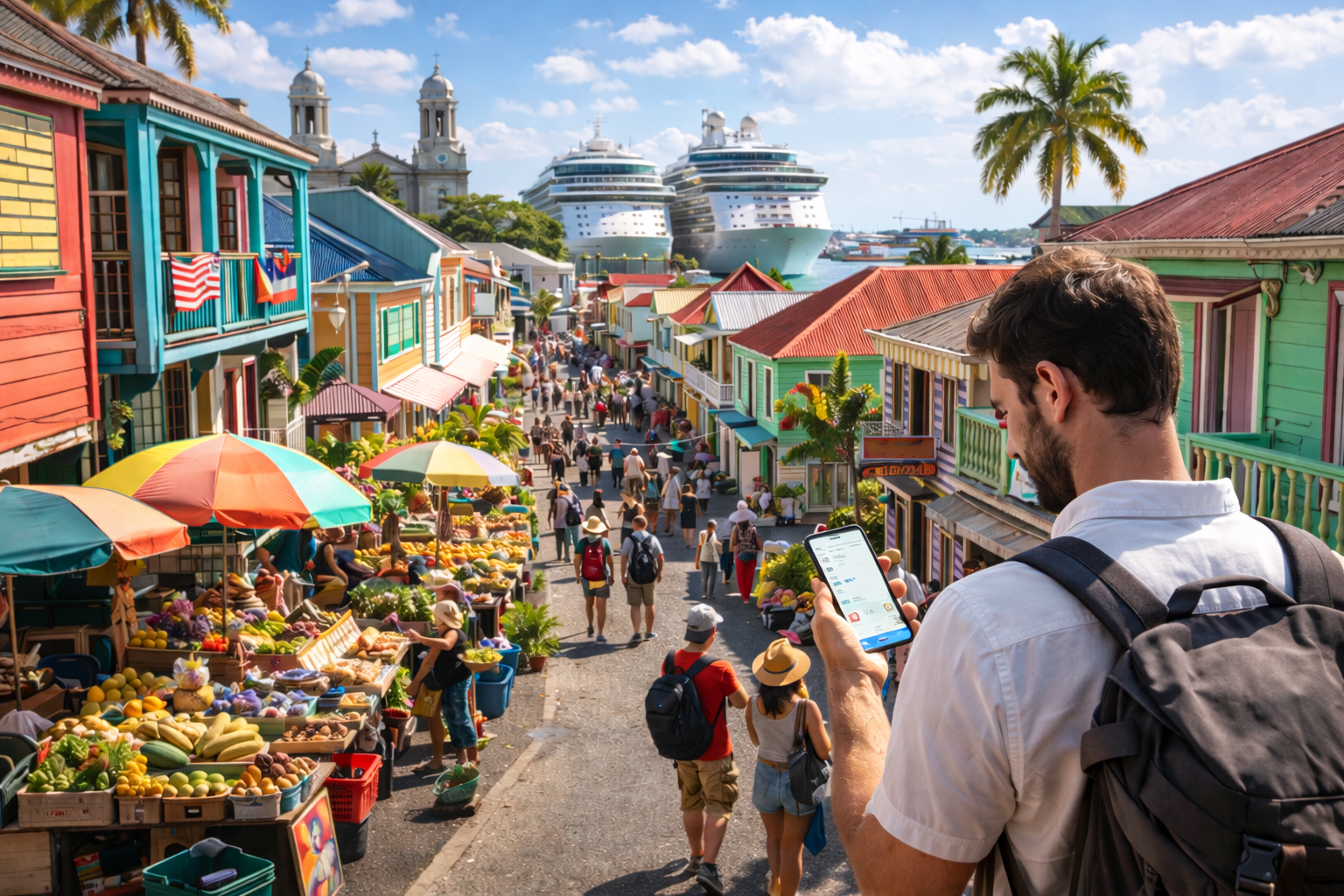 Panorama of St. John’s with its white cathedral and travelers staying connected with eSIM mobile internet