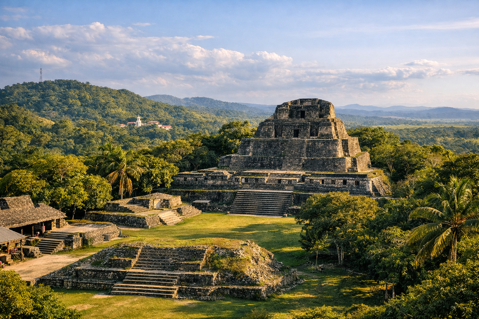 Піраміда Шунантунича над джунглями Беліза в теплому сонячному світлі