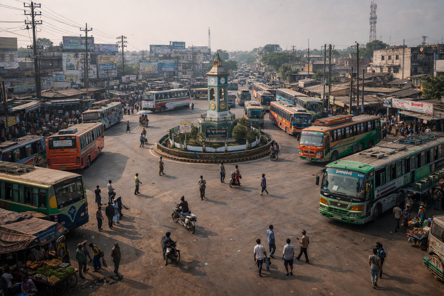צומת תחבורה של ג'סור עם כבישים, אוטובוסים ותנועת תחבורה ערה