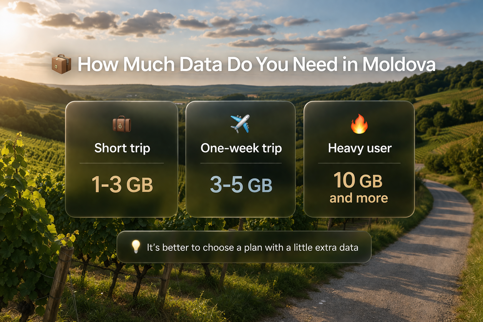 אינפוגרפיקה עם המלצות לנפח גלישה לנסיעה למולדובה: טיול קצר, שבוע של טיול ושימוש אינטנסיבי.