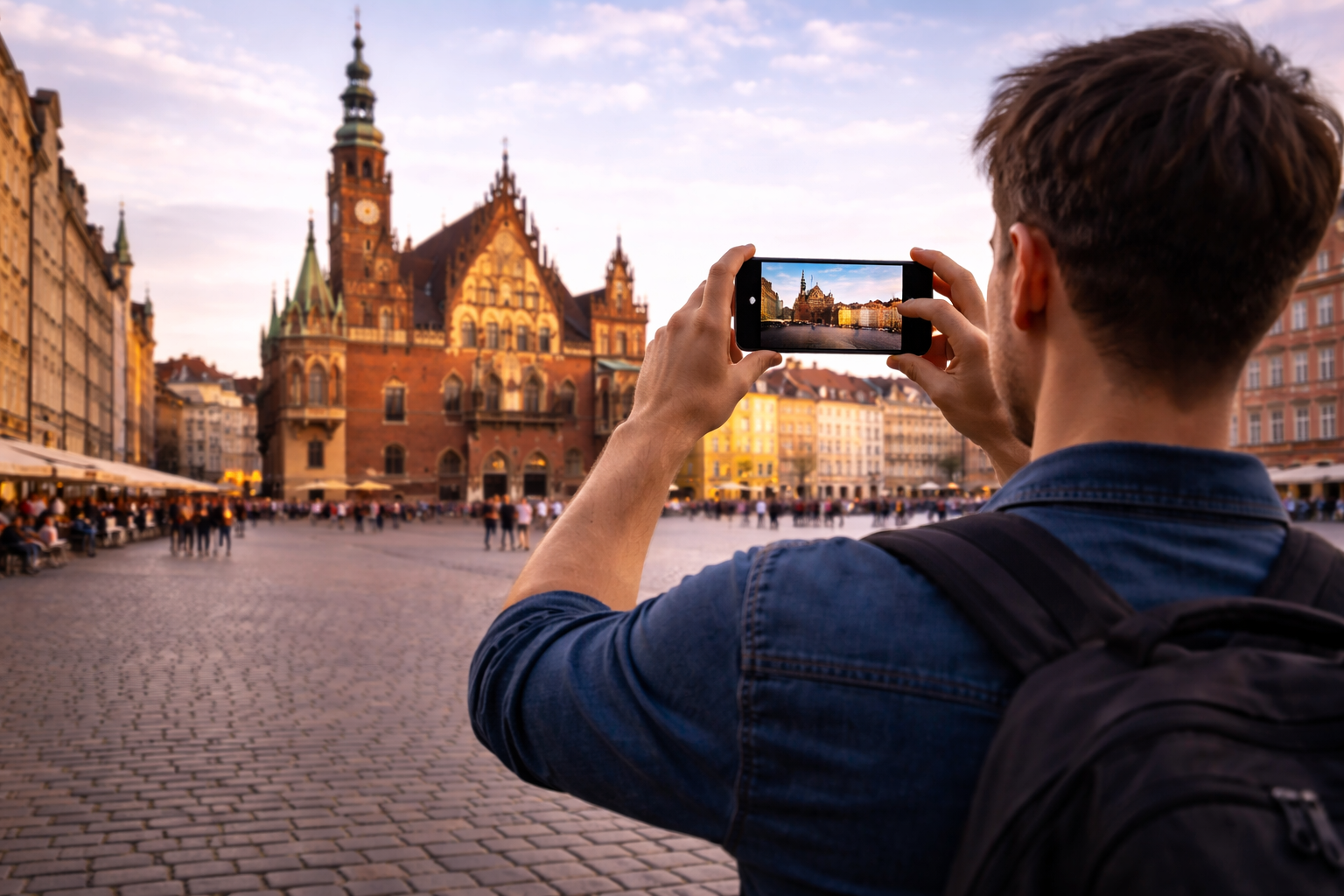 سائح في الساحة بفروتسواف يستخدم هاتفًا ذكيًا مع eSIM مفعّلة