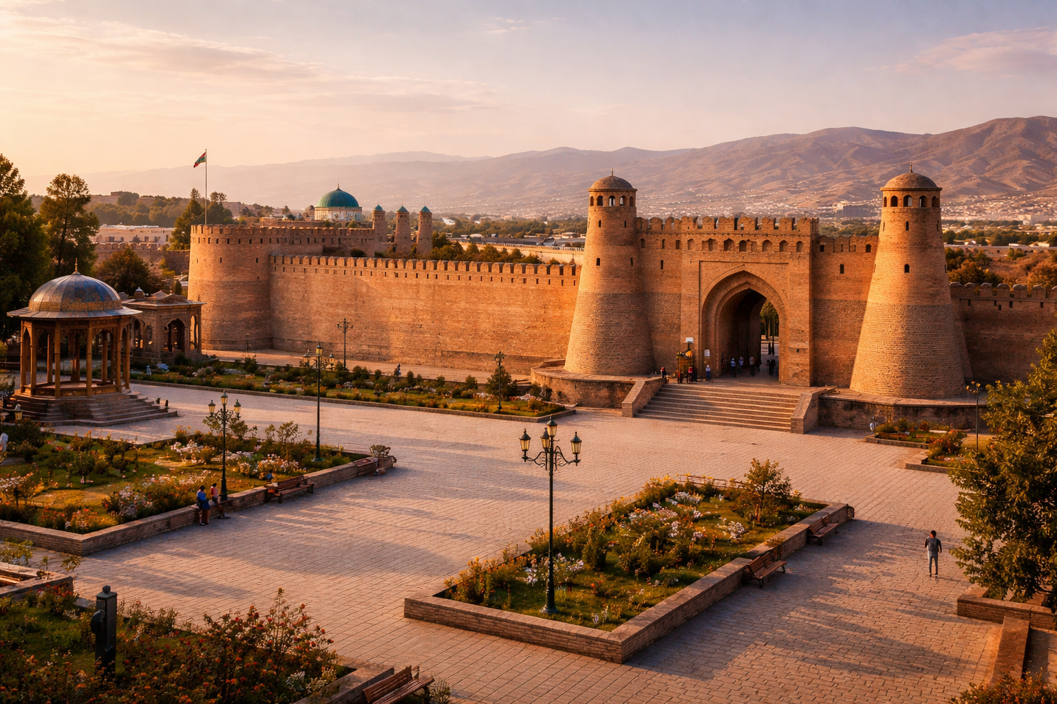 מצודת חוג'נד בטג'יקיסטן עם חומות היסטוריות, מרקם לבנים חם, מרחב פתוח ואור רך.